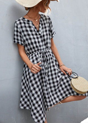 Plaid Notched Short Sleeve Dress - MimiStylez