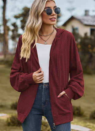 Drawstring Zip Up Dropped Shoulder Hoodie - MimiStylez