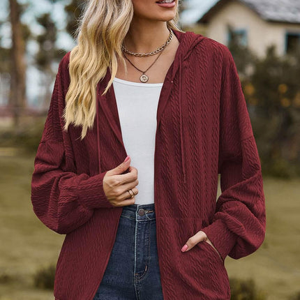 Drawstring Zip Up Dropped Shoulder Hoodie - MimiStylez