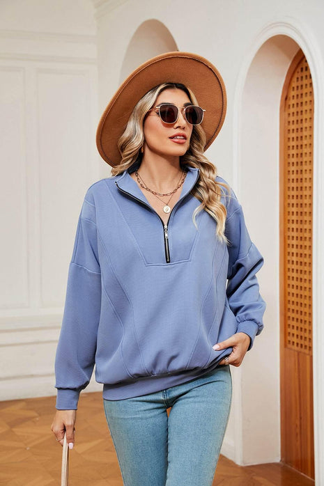 Half-Zip Dropped Shoulder Sweatshirt - MimiStylez