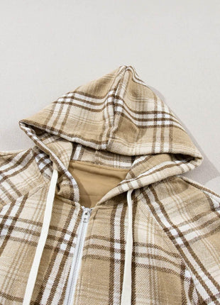 Drawstring Plaid Half Zip Raglan Sleeve Hoodie - MimiStylez