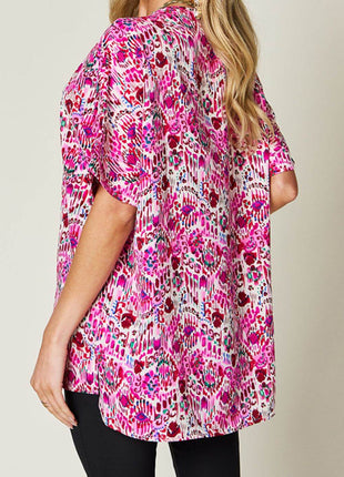 Double Take Full Size Printed V-Neck Short Sleeve Blouse - MimiStylez