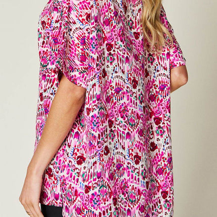 Double Take Full Size Printed V-Neck Short Sleeve Blouse - MimiStylez