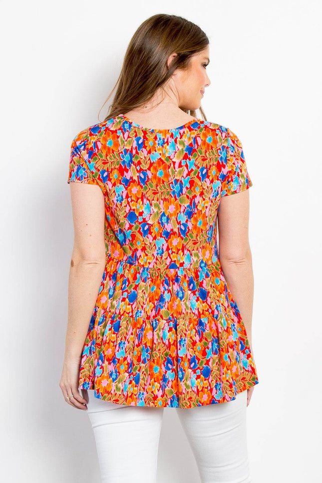 Be Stage Full Size Floral Short Sleeve Babydoll Top - MimiStylez