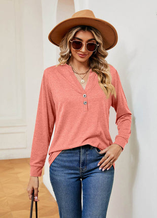 Buttoned Notched Neck Long Sleeve Top - MimiStylez