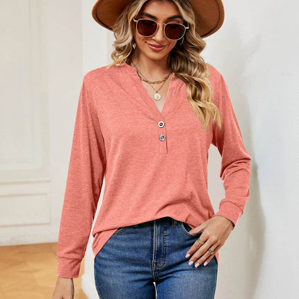 Buttoned Notched Neck Long Sleeve Top - MimiStylez