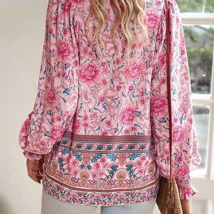 Blusa boêmia com decote em V e manga lanterna