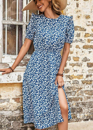 Floral Round Neck Split Midi Dress - MimiStylez