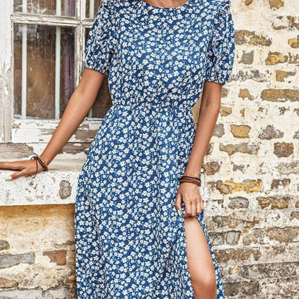 Floral Round Neck Split Midi Dress - MimiStylez