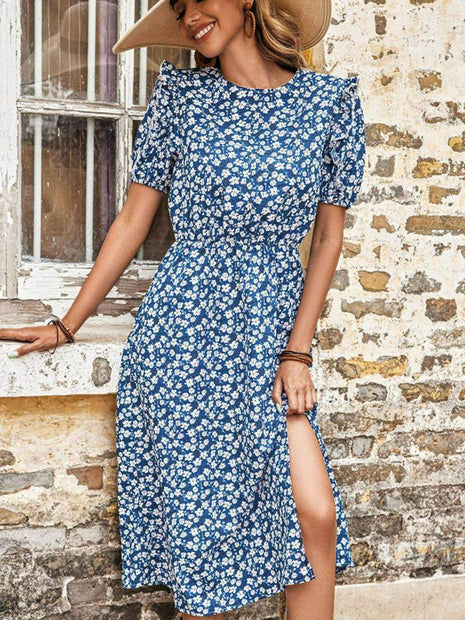 Floral Round Neck Split Midi Dress - MimiStylez