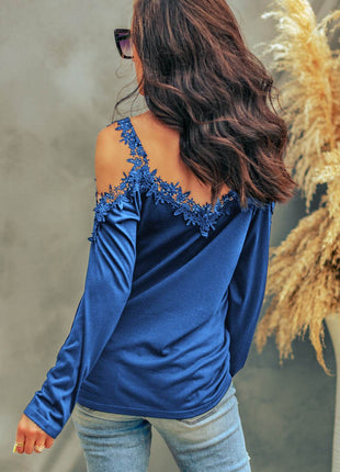 Lace Detail Cold Shoulder Long Sleeve T-Shirt - MimiStylez