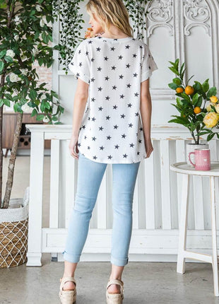 Heimish Full Size Star Print Short Sleeve V-Neck Waffle Knit T-Shirt - MimiStylez