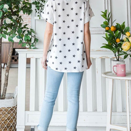 Heimish Full Size Star Print Short Sleeve V-Neck Waffle Knit T-Shirt - MimiStylez