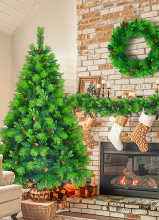 6FT Pre Lit Pine Christmas Tree With Pine Cones, Includes Pre Lit Garland and Wreath - 3PC Set