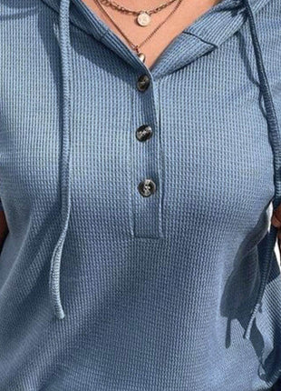 Plus Size Waffle-Knit Half Button Short Sleeve Hoodie - MimiStylez