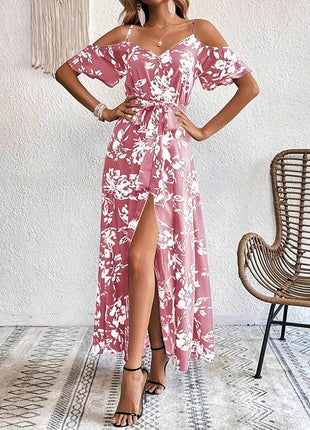 Women's Floral Maxi Dress Cold Shoulder Split Belted A Line Long Summer Dress - MimiStylez