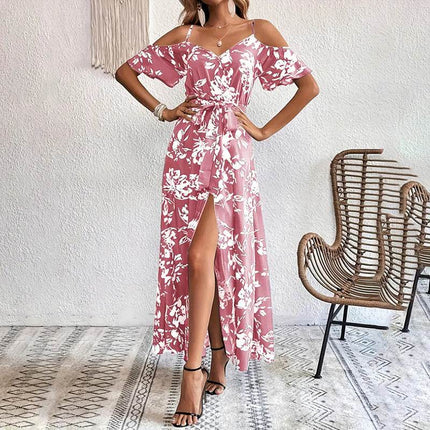 Women's Floral Maxi Dress Cold Shoulder Split Belted A Line Long Summer Dress - MimiStylez