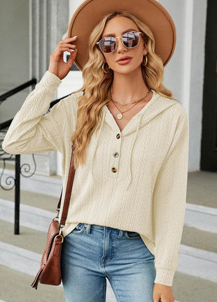 Drawstring Half Button Long Sleeve Hoodie - MimiStylez