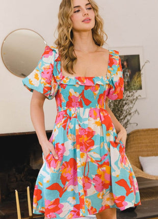 ODDI Printed Smocked Puff Sleeve Mini Dress - MimiStylez
