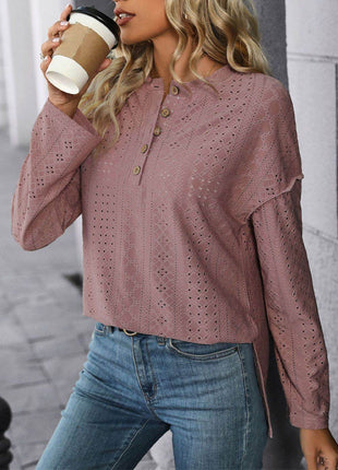 Eyelet Round Neck Long Sleeve Top - MimiStylez