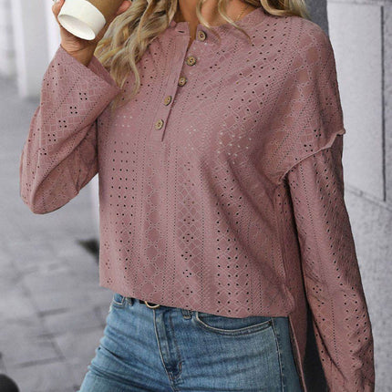 Eyelet Round Neck Long Sleeve Top - MimiStylez