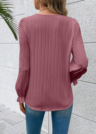 V-Neck Lace Detail Flounce Sleeve Blouse - MimiStylez