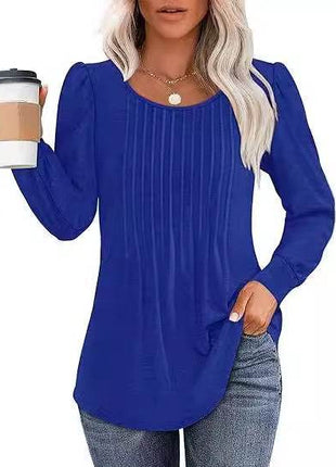 Women's Bubble Sleeve Waist Pleated Round Neck Long Sleeve T-shirt - MimiStylez