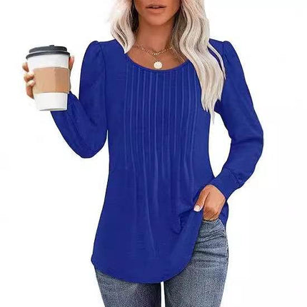 Women's Bubble Sleeve Waist Pleated Round Neck Long Sleeve T-shirt - MimiStylez