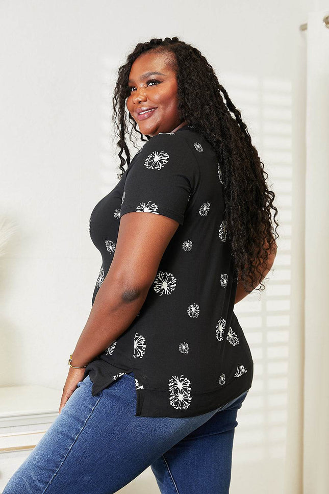 Double Take Dandelion Print Round Neck T-Shirt - MimiStylez