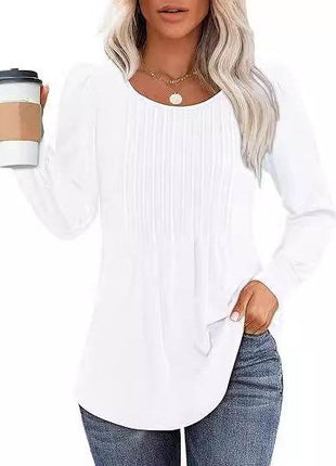 Women's Bubble Sleeve Waist Pleated Round Neck Long Sleeve T-shirt - MimiStylez