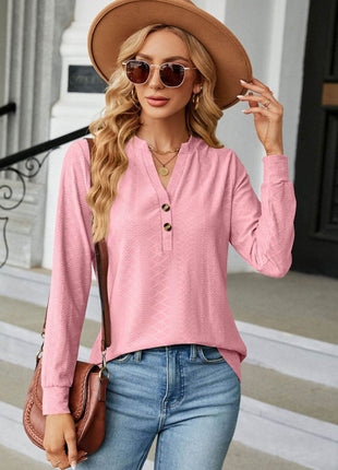 Notched Neck Long Sleeve Buttoned Blouse - MimiStylez