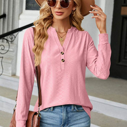Notched Neck Long Sleeve Buttoned Blouse - MimiStylez