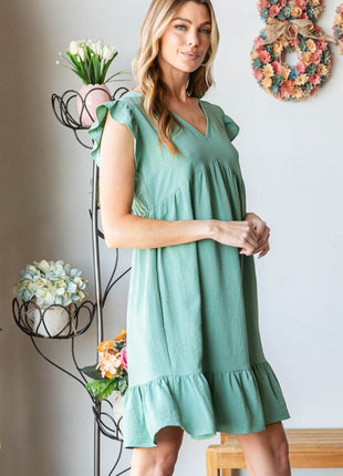 Heimish Full Size Short Sleeve V Neck Ruffled Hem Dress - MimiStylez