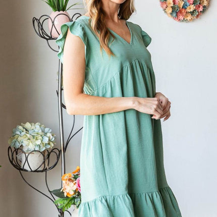 Heimish Full Size Short Sleeve V Neck Ruffled Hem Dress - MimiStylez