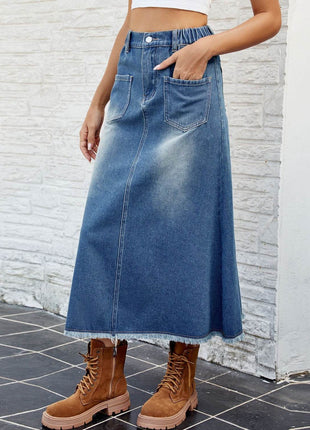 Raw Hem Buttoned Denim Skirt with Pockets - MimiStylez