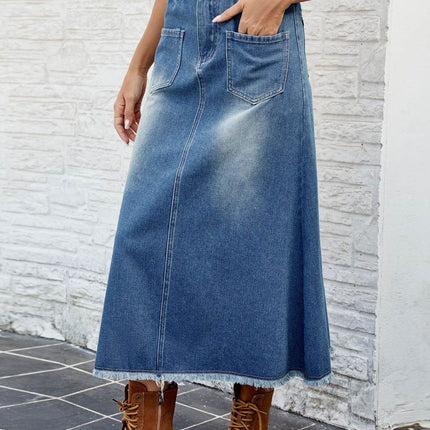 Raw Hem Buttoned Denim Skirt with Pockets - MimiStylez