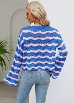 Round Neck Openwork Flare Sleeve Knit Top - MimiStylez
