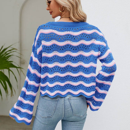 Round Neck Openwork Flare Sleeve Knit Top - MimiStylez