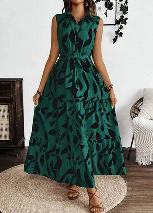 Printed Tie Waist Sleeveless Maxi Dress - MimiStylez