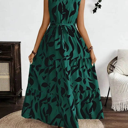Printed Tie Waist Sleeveless Maxi Dress - MimiStylez