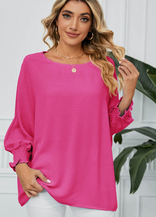 Smocked Lantern Sleeve Round Neck Blouse - MimiStylez