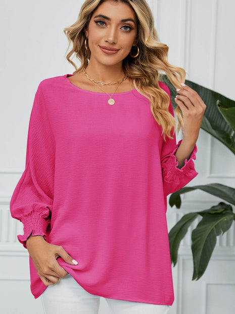 Smocked Lantern Sleeve Round Neck Blouse - MimiStylez