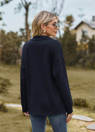 Collared Neck Cable-Knit Long Sleeve Blouse - MimiStylez