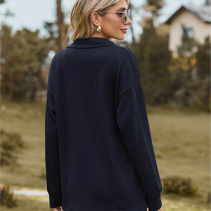 Collared Neck Cable-Knit Long Sleeve Blouse - MimiStylez