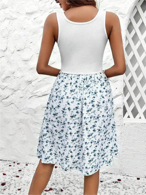 Lace Detail Floral Round Neck Sleeveless Dress - MimiStylez