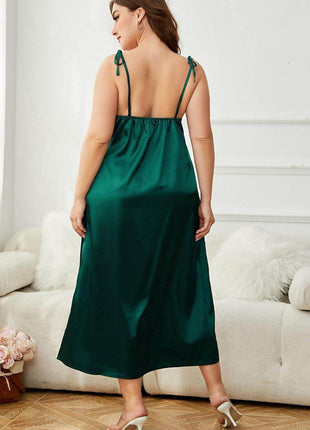 Plus Size Tie-Shoulder Midi Night Dress - MimiStylez