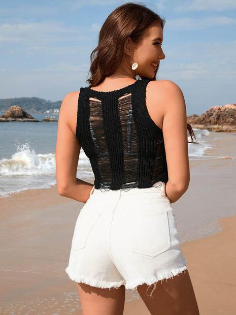 Cutout Round Neck Sleeveless Cover Up - MimiStylez