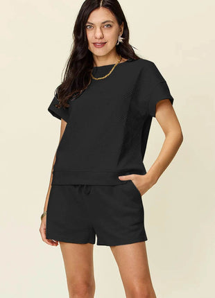 Double Take Full Size Texture Short Sleeve T-Shirt and Drawstring Shorts Set - MimiStylez