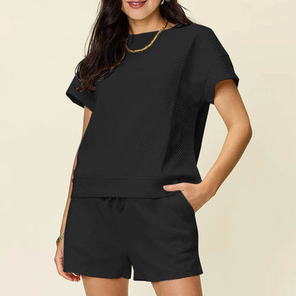 Double Take Full Size Texture Short Sleeve T-Shirt and Drawstring Shorts Set - MimiStylez