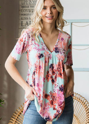 Heimish Full Size Floral V-Neck Short Sleeve Babydoll Blouse - MimiStylez